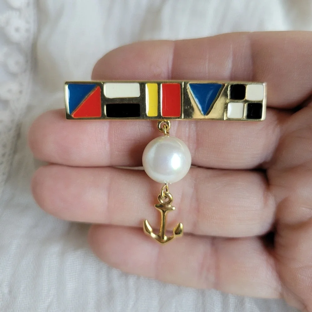 Vintage 1990s Marvella Nautical Enamel Bar Brooch Gold Pearl Anchor Pin